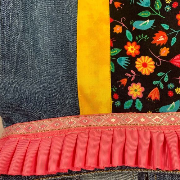 Route 66 Denim Jacket Jean Floral Blue Black Pink Ruffle Metallic Boho Large - Picture 11 of 16